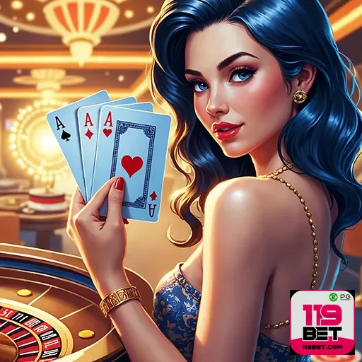 Imagem de um casino com o logo 119bet, destaque para o ambiente de apostas online e jogos de azar